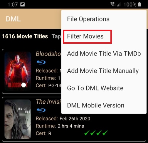 Menu to navigate to the Filter Page