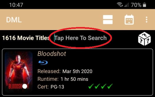 DMLMobile Main Screen Search Text Field Highlighted